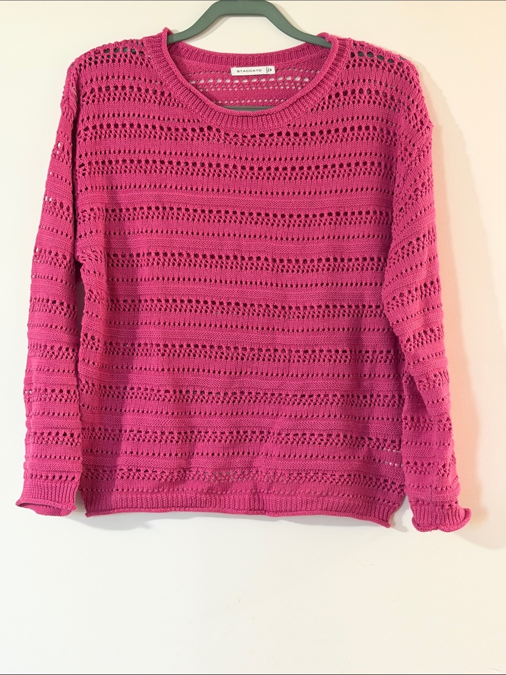 Staccato Openwork Crewneck Sweater in Fuchsia Pink